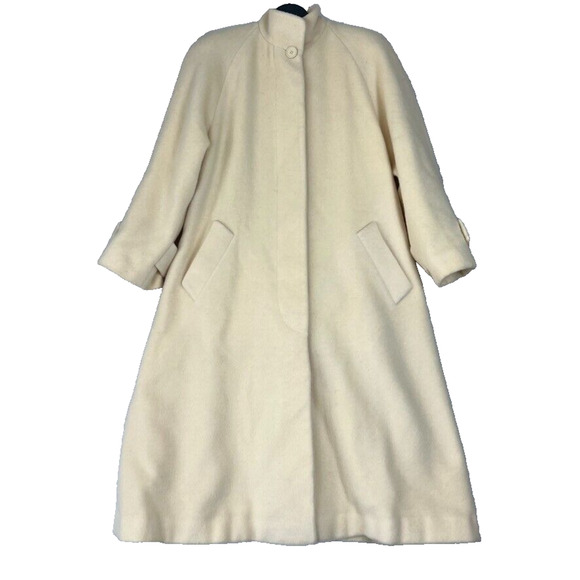 Women's Trench Overcoat 6 Ivory Pure Wool Long Mock neck Classic Timeless Lined - Picture 1 of 16